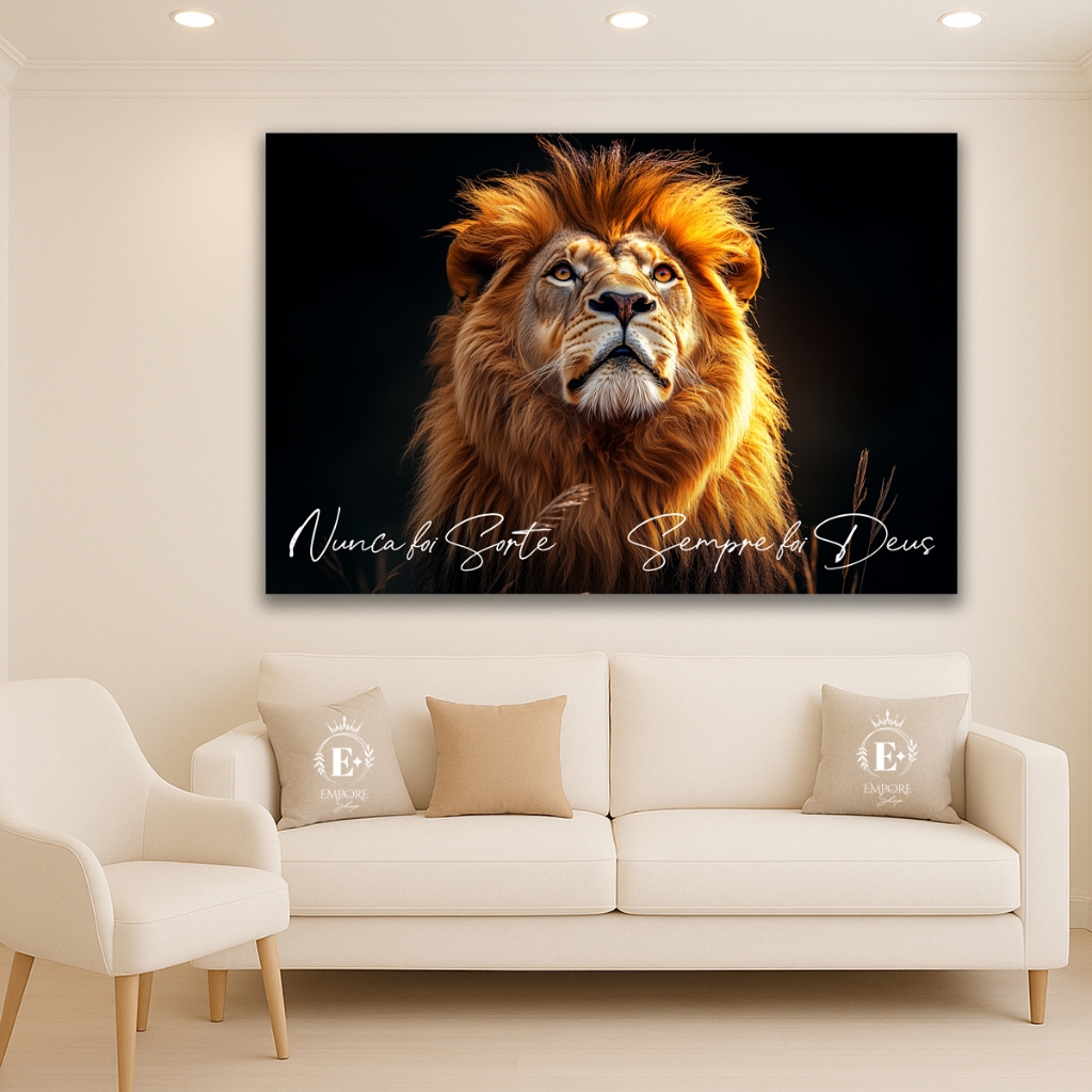 Quadro Decorativo Gigante 110x70 Leão Judá Nunca Foi Sorte Sempre Foi Deus Religioso
