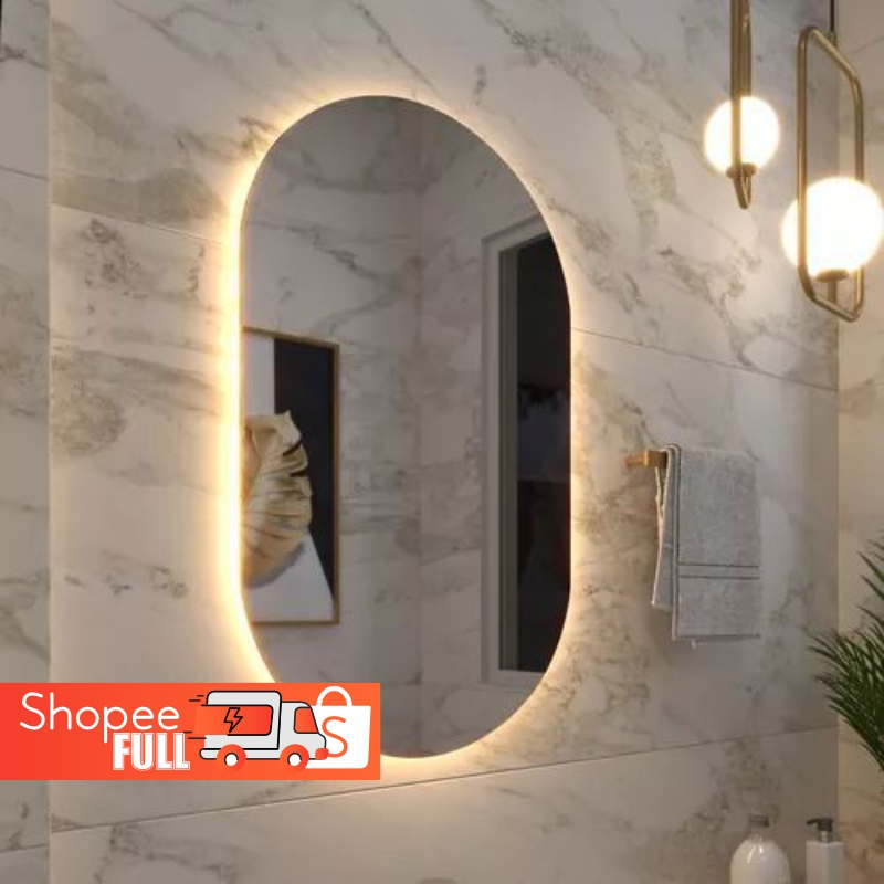 Espelho Grande De Parede Oval Com Led Sem fio Orgânico  Banheiro Sala Quarto Luz Quente E ...