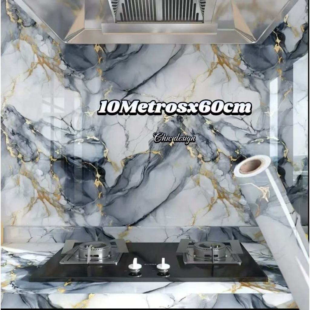 Papel de parede Adesivos para cozinha Brilhante Mármore Azul Dourado 10 Metro x 60 cm Resistente a Agua/Óleo em Oferta na Shopee