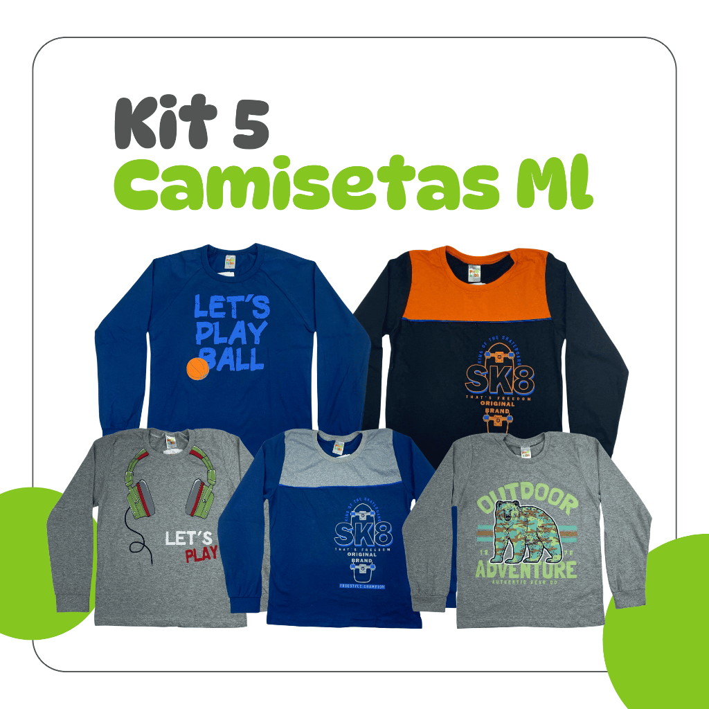 Kit Sortido 5 Camisetas Manga Longa Menino Juvenil Inverno Masculino