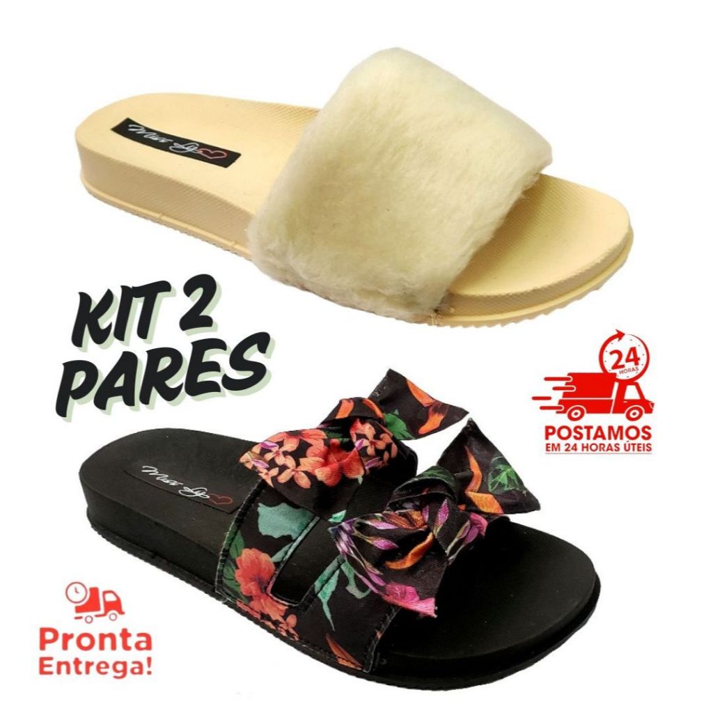 Kit 2 Pares Chinelo Feminino Sandália Slide Pelúcia + Pala Dois Laços Feminino Mulher