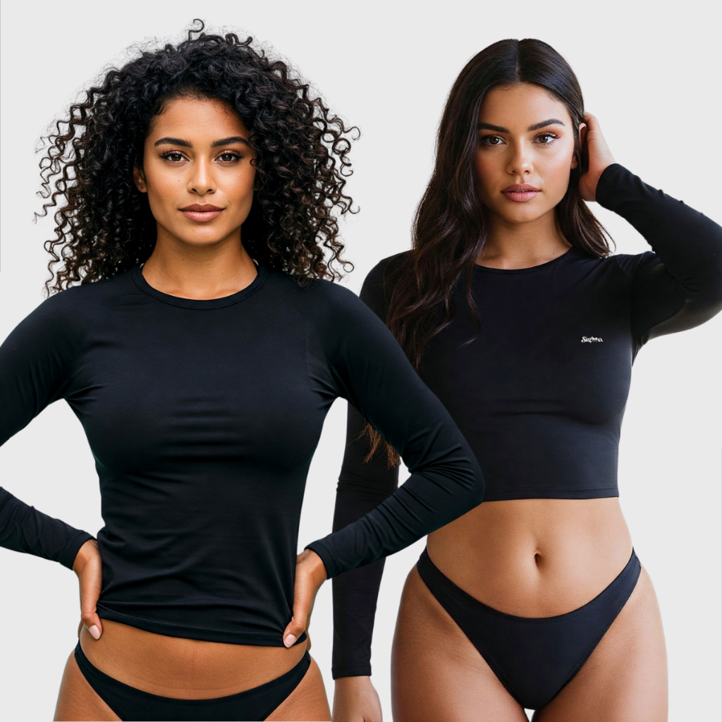 Kit Feminino Blusa Térmica Segunda Pele Malha Fria + Conjunto Cropped Manga Longa Calcinha Asa Delta