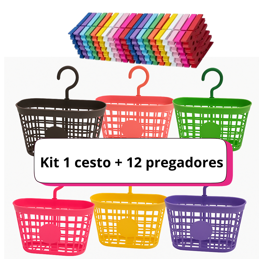 kit Cesto Prendedores Roupas C/ Gancho Pendurar Giratorio + 12 Pregadores em Plastico Colorido em Oferta na Shopee