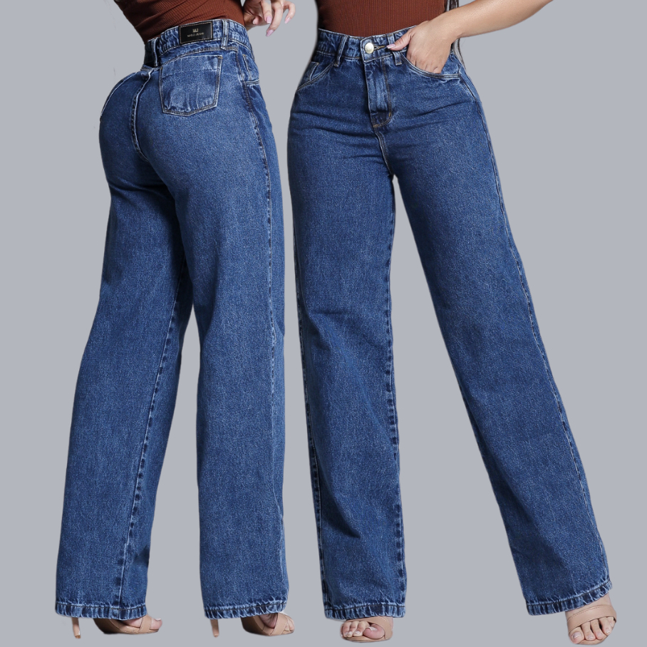Calça Jeans Wide Leg Marmorizada Feminina Cintura Alta 100% Algodão em Oferta na Shopee