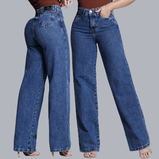 Calça Jeans Wide Leg Marmorizada Feminina Cintura Alta 100% Algodão em Oferta na Shopee