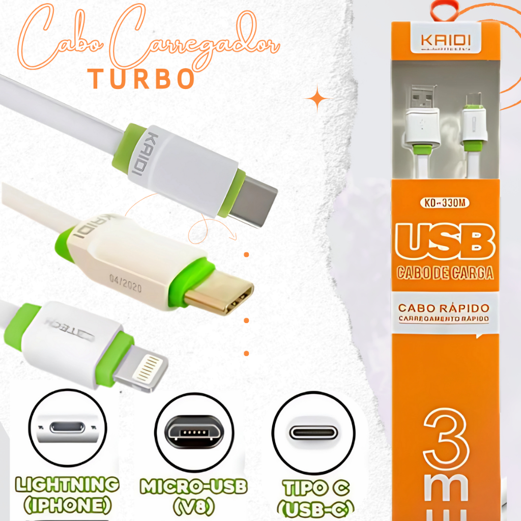 Cabo Carregador Turbo Ultra Rápido Resistente USB V8/Tipo C/iPhone 1M,2M3M LIGHTINING Original Kaidi