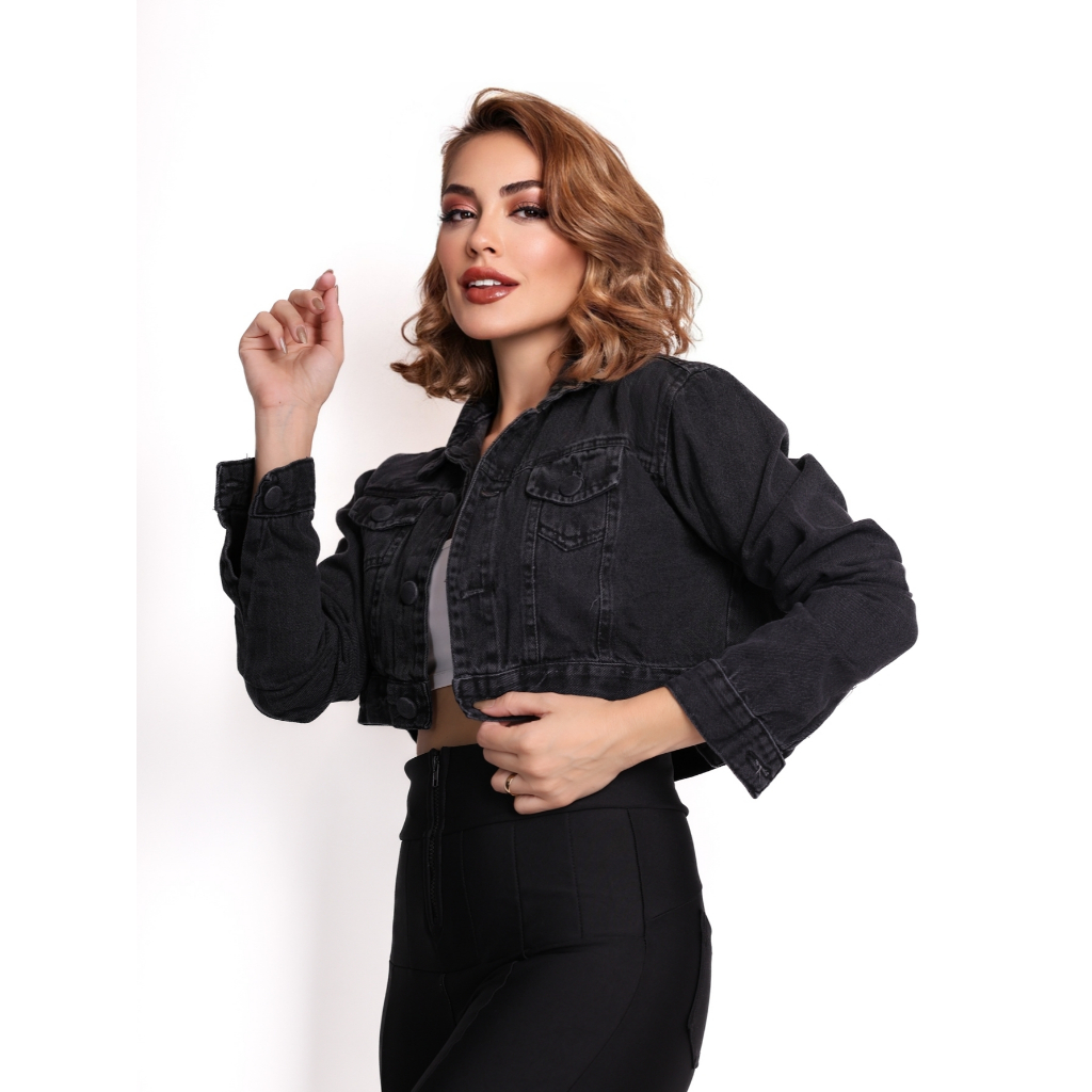 INFINITO MODA Jaqueta Cropped Jeans Preta Grafite Feminina