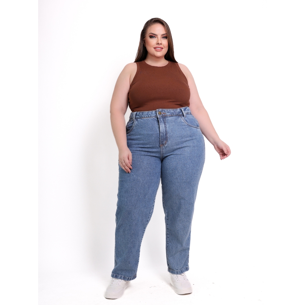 INFINITO MODA Calça Jeans Mom Básica Plus Size Cintura Alta Casual em Oferta na Shopee