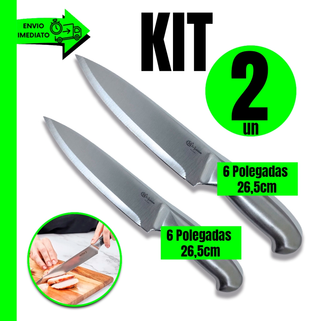 Kit 2 Facas de Cozinha Inox 6 e 7 Polegadas – Aço Resistente e Corte Afiado!