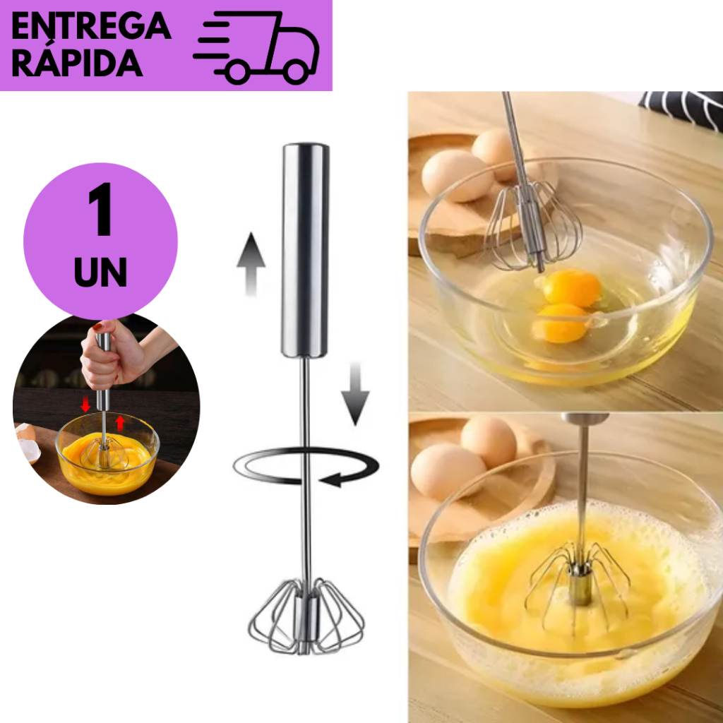Batedor de Ovos Semi Automático Tipo Fouet Inox Utensílio de Cozinha p/ Bolos, Clara em Neve, Doces