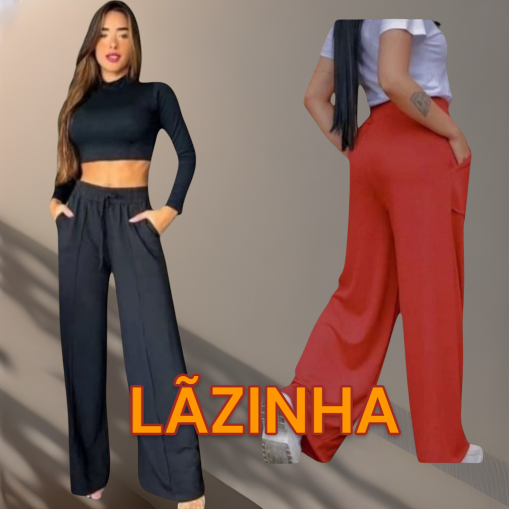 Calça Feminina Pantalona Cintura Alta Com Bolso Tecido Lanzinha Inverno
