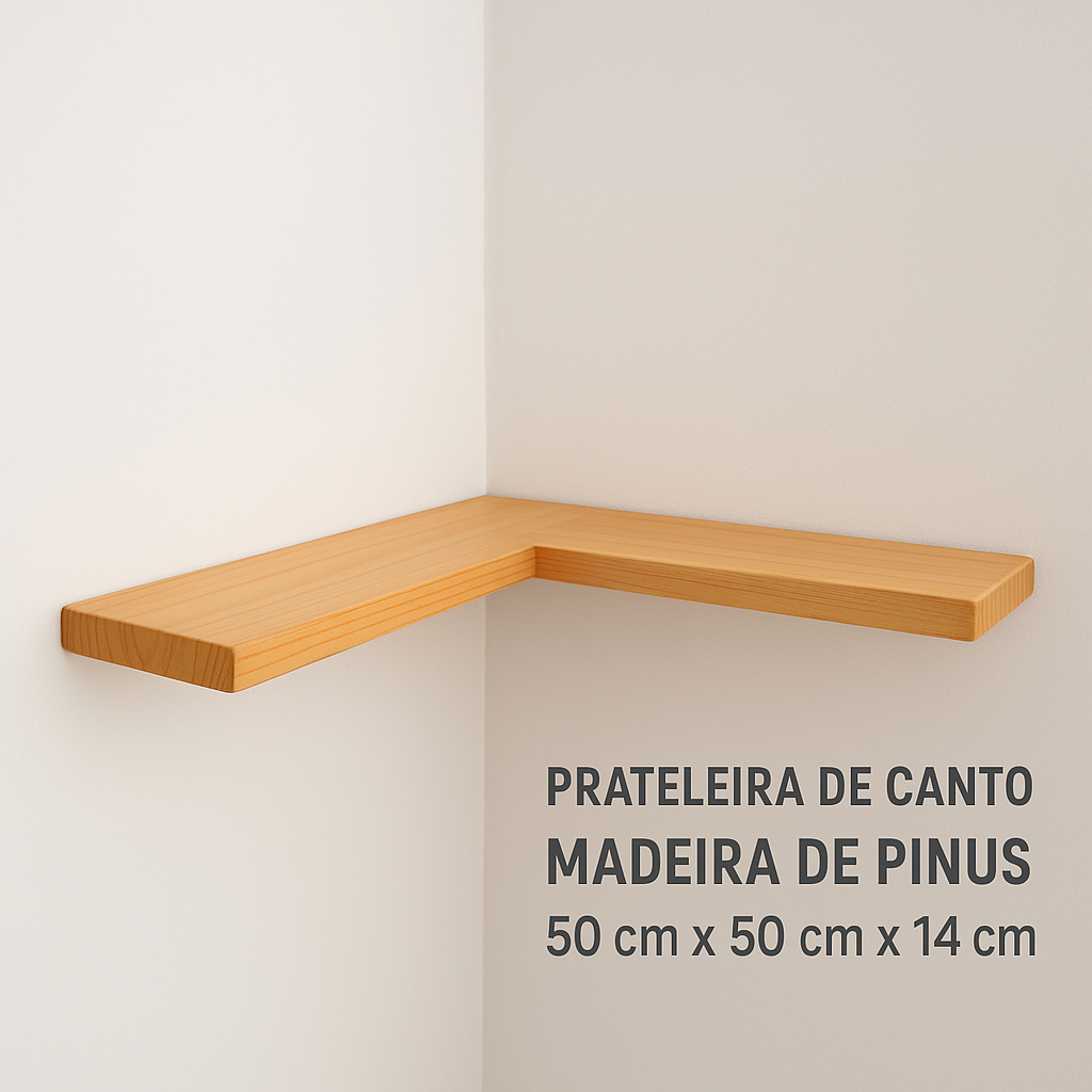 prateleira de canto em madeira de pinus com 50x50x14 cm