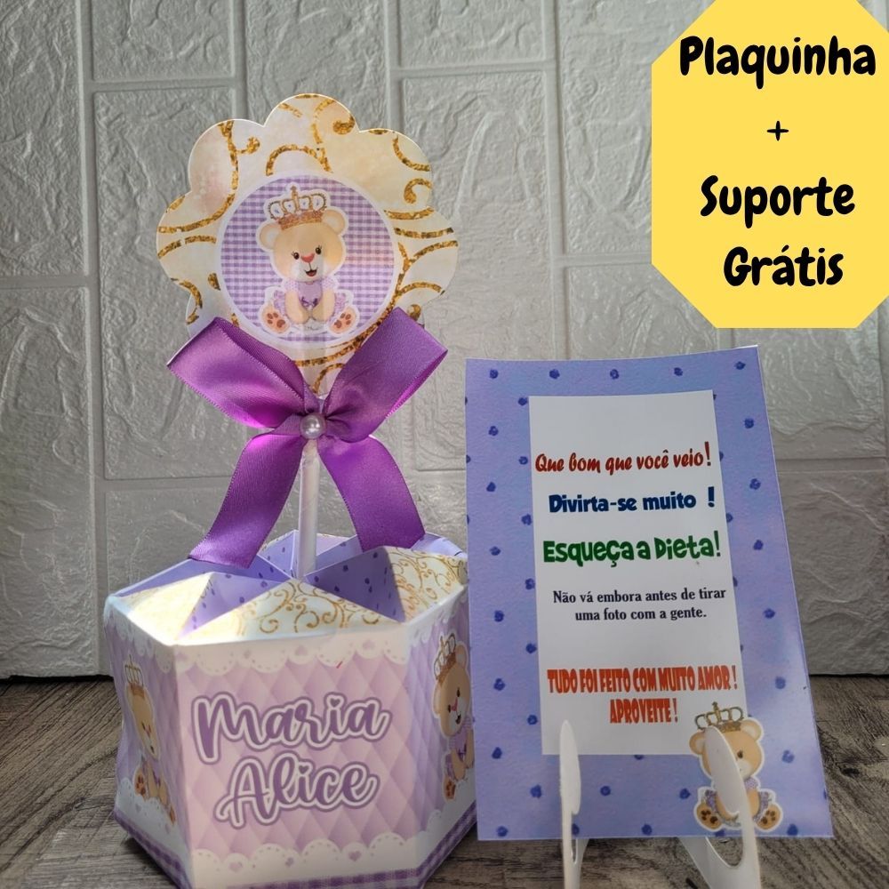 Centro de Mesa Ursinha Lilás + Plaquinha Enfeite p/Chá de Bebê Arranjo p/Chá Revelação Personalizado