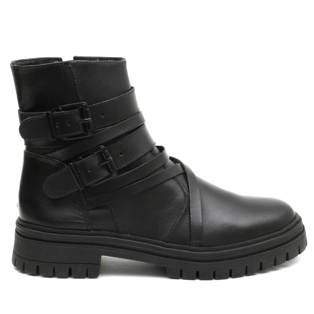 Coturno Feminino Cano Médio Couro Preto Sola Tratorada Tiras com Fivelas e Estilo Urbano