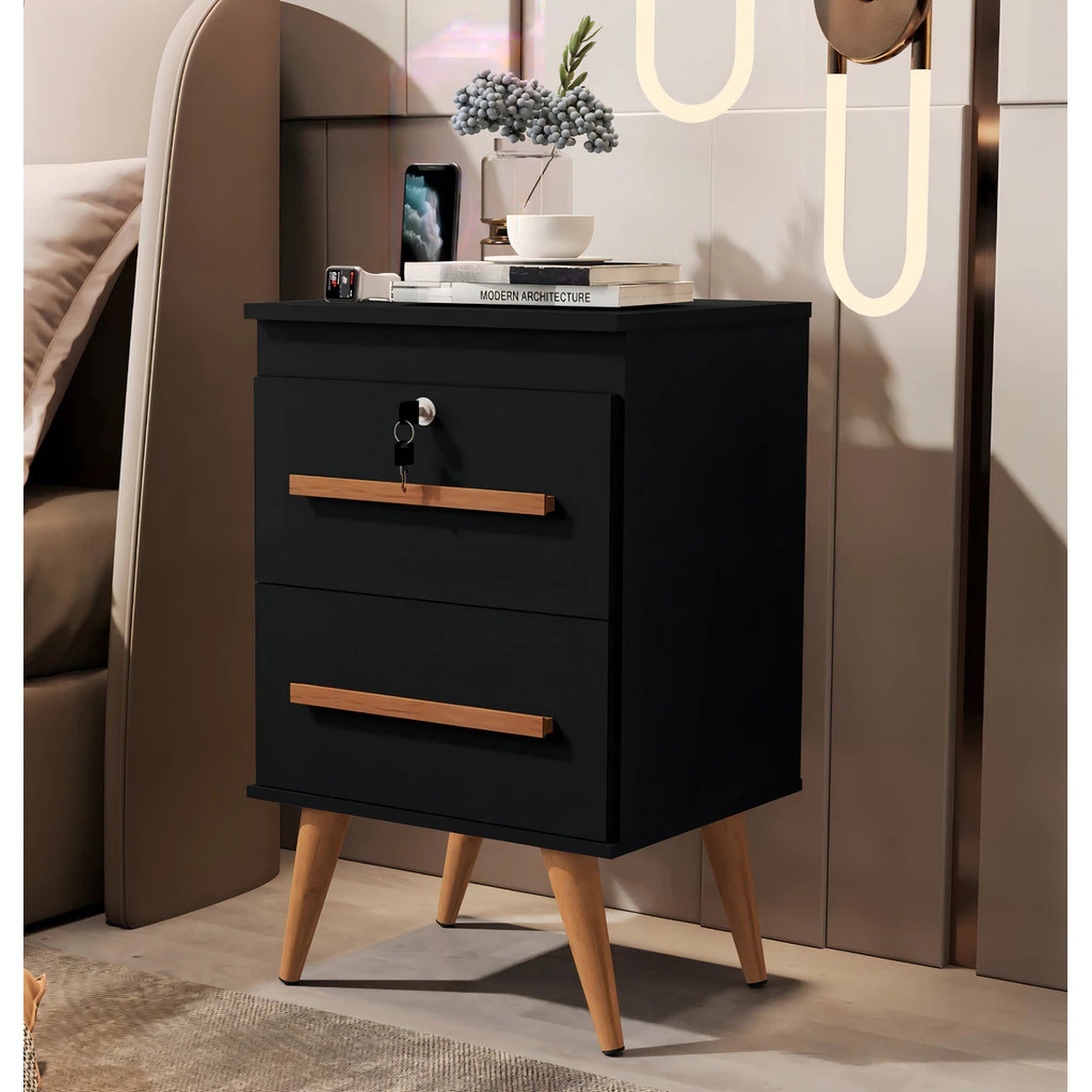 Mesa de Cabeceira 2 Gavetas com Chave G2 Preto Clique Moveis