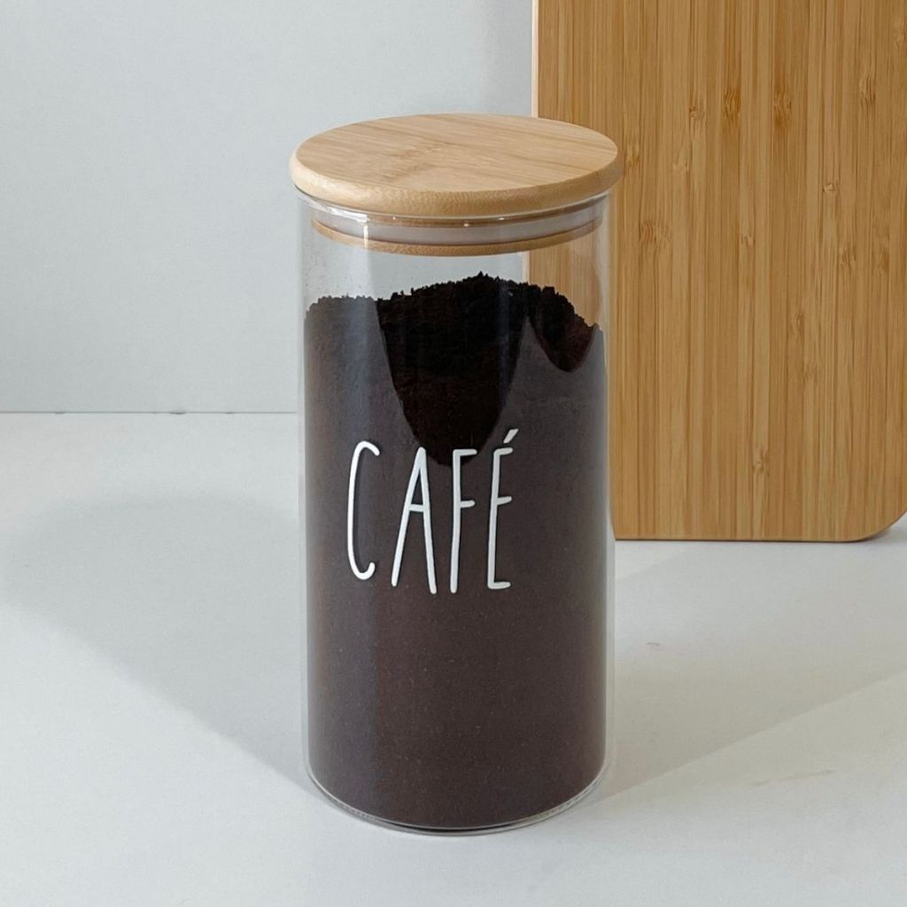 Pote de vidro redondo para café com tampa hermética de bambu 1,1L em Oferta na Shopee