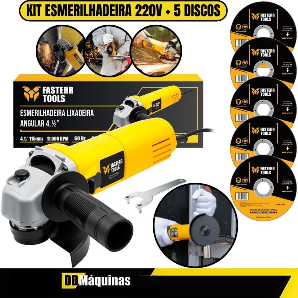 Kit Esmerilhadeira Lixadeira Angular 220V 820W 11000 Rpm + 5 Discos de Corte Inox 4.1/2 - Fasterr