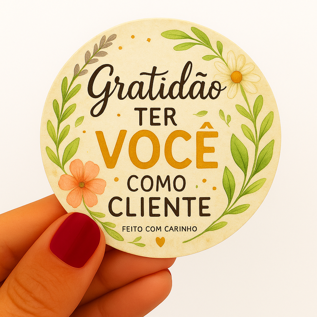 100 Etiquetas Adesivas 3x3cm Redondas – Frases de Gratidão para Embalagens e Lembrancinhas - Floral