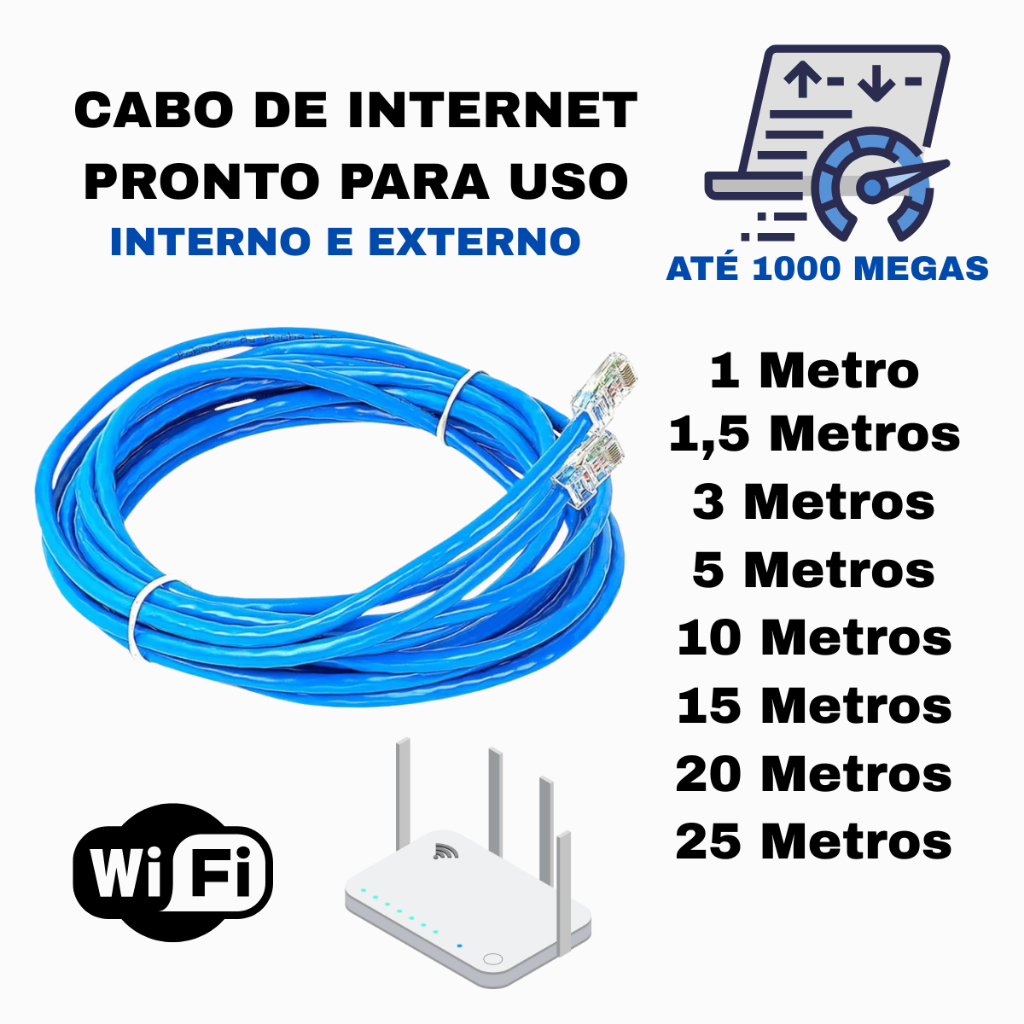 Cabo De Rede Azul RJ45 CAT5 Pc Notebook Roteador Smart Tv Game Tvbox 1/1,5/3/5/10/15/20/25 Metros em Oferta na Shopee