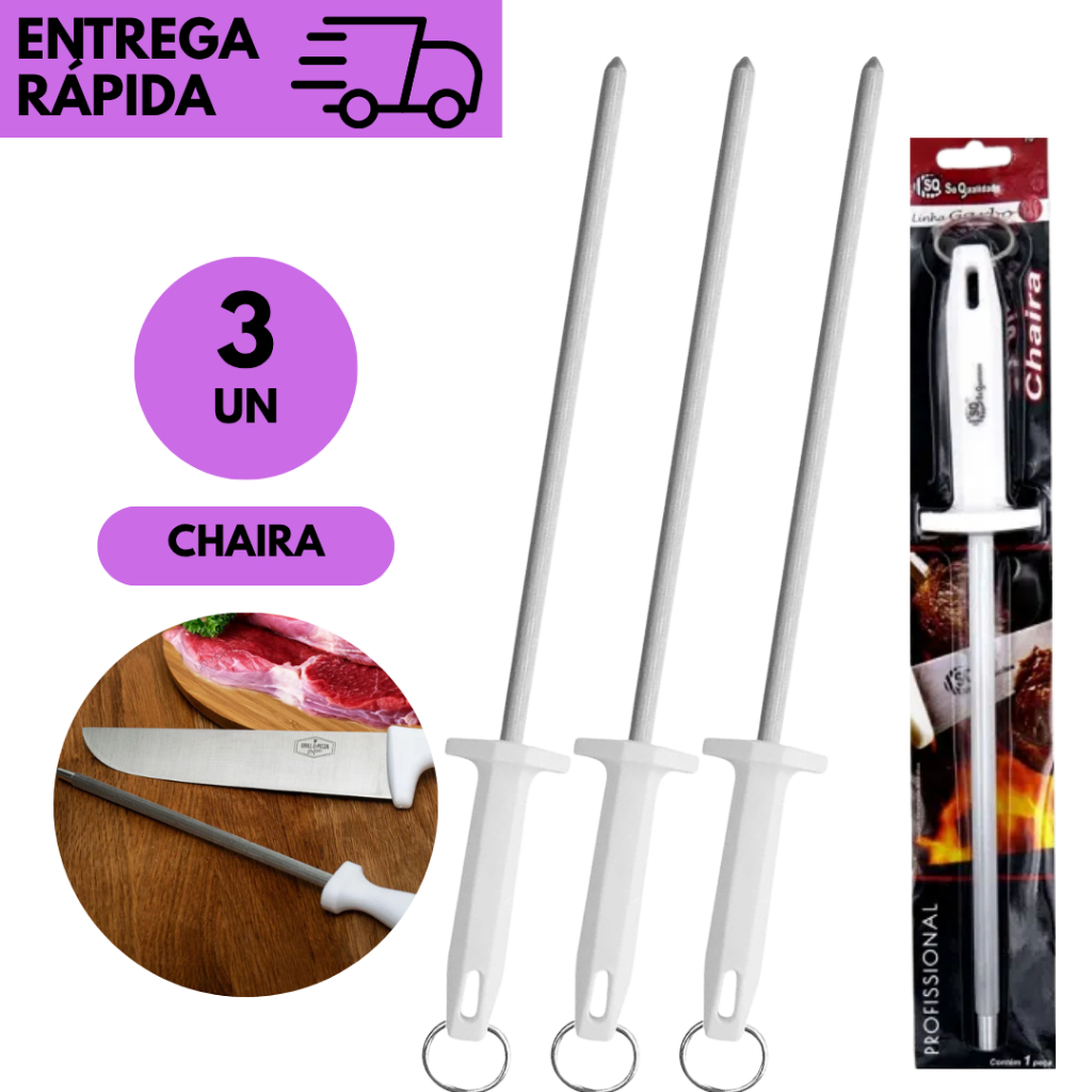 Kits 3 ou 1 Chaira de Afiar 10 Poleg INOX Cabo Branco Profissional Utensílio Cozinha Açougue Mercado