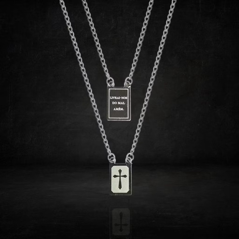 Escapulário Aço Inoxidável Inox Antialérgico | Cruz Livrai-nos do Mal Amém em Oferta na Shopee