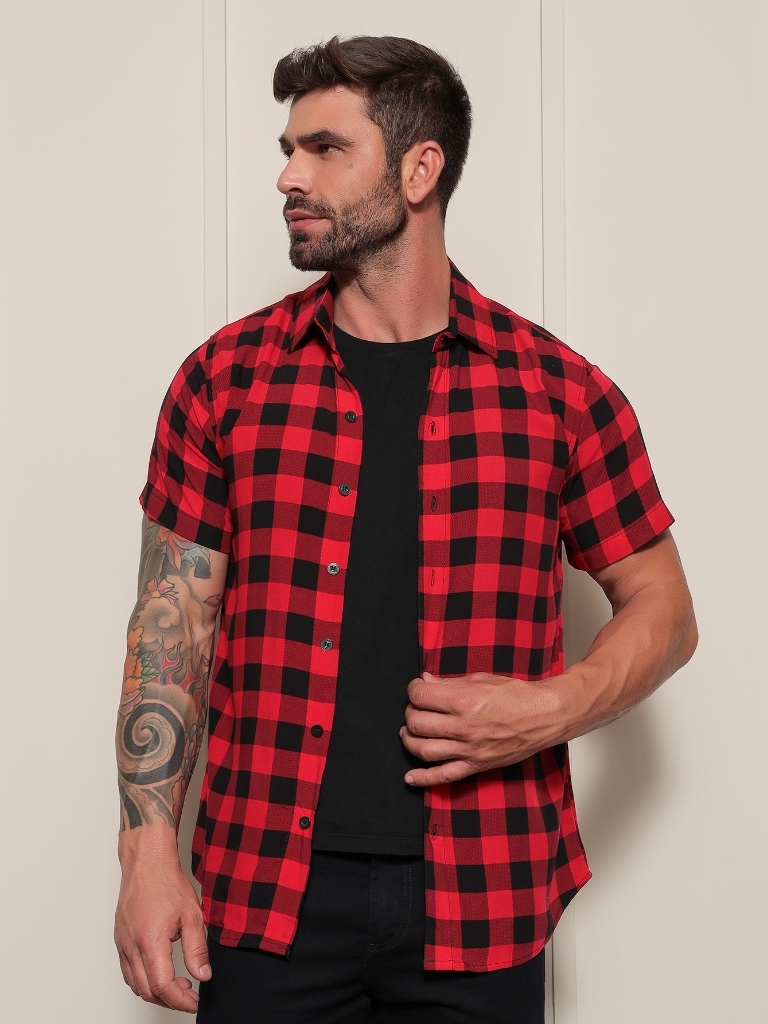 camisa xadrez masculina camisa manga curta viscose masculino colorida Quadriculada Junina