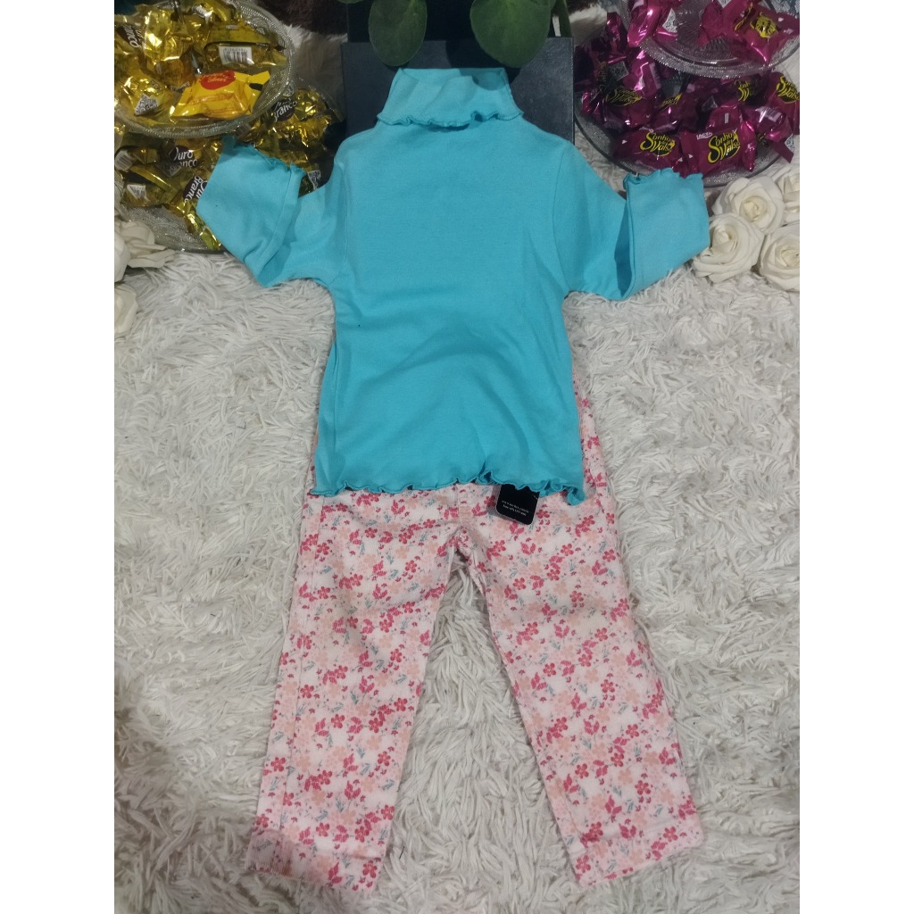 Conjunto Infantil Feminino, (Blusa M/L Azul, + Calça Estampada Floral) Tam: 01, Marca; Dmbauer