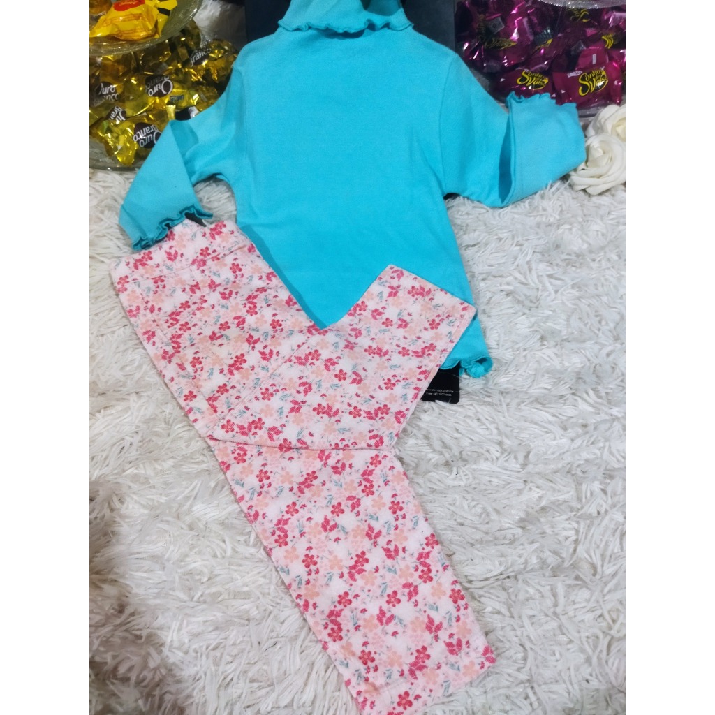 Conjunto Infantil Feminino, (Blusa M/L Azul, + Calça Estampada Floral) Tam: 01, Marca: Bauerbauer1977