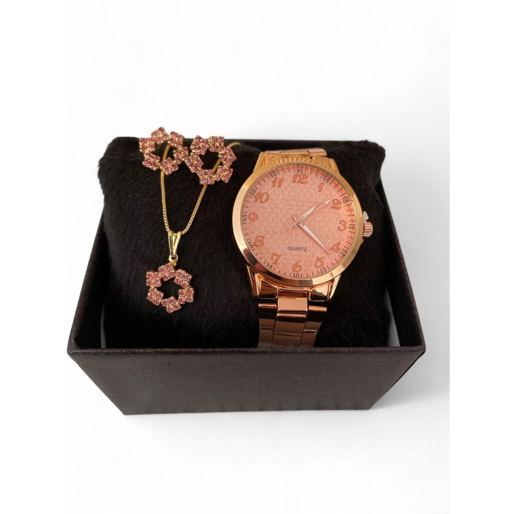 Kit Relógio Feminino + Colar Folheado a Ouro + Brincos Flor Rosê Luxo Presente