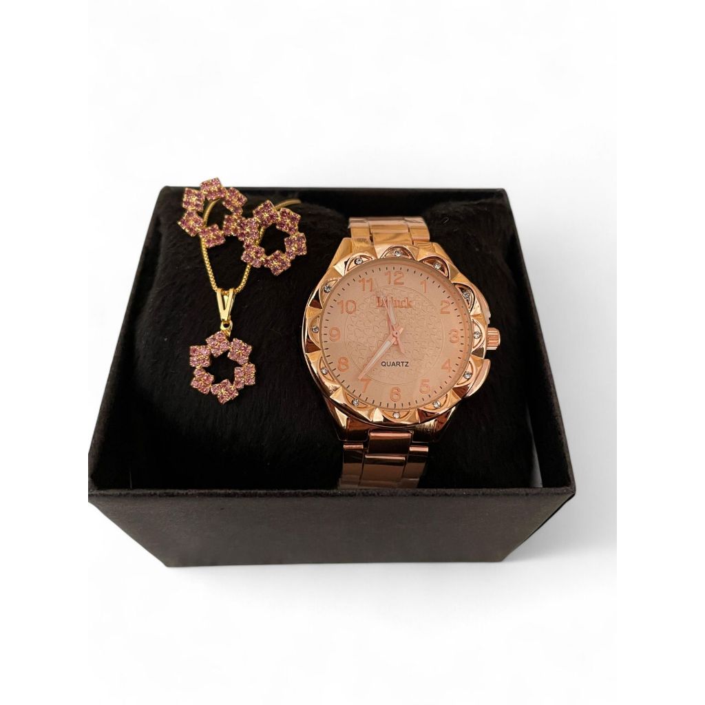 Kit Relógio Feminino luxuoso + Colar Folheado a Ouro + Brincos Flor Rosê Luxo Presente