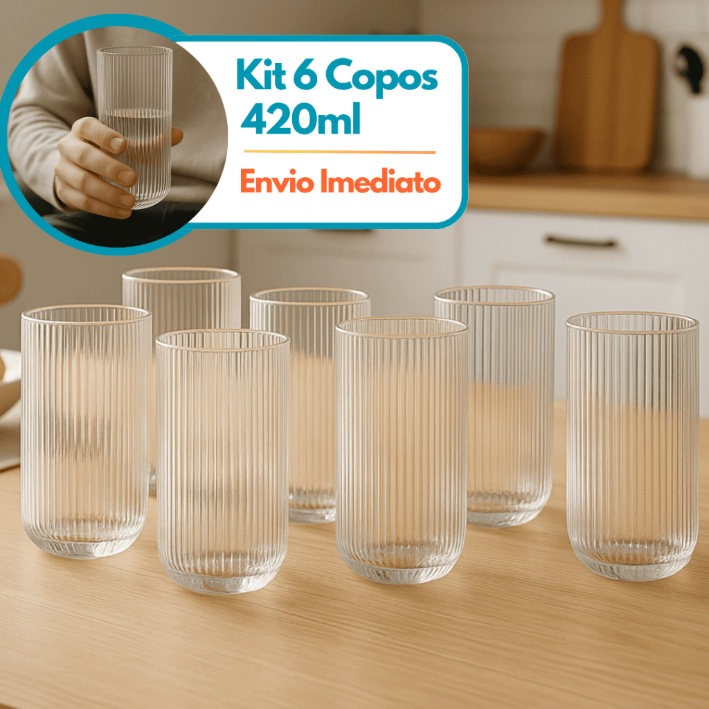 Kit 6 Copos Canelado Transparente Versalhes Grafiato Drink Suco 430ml