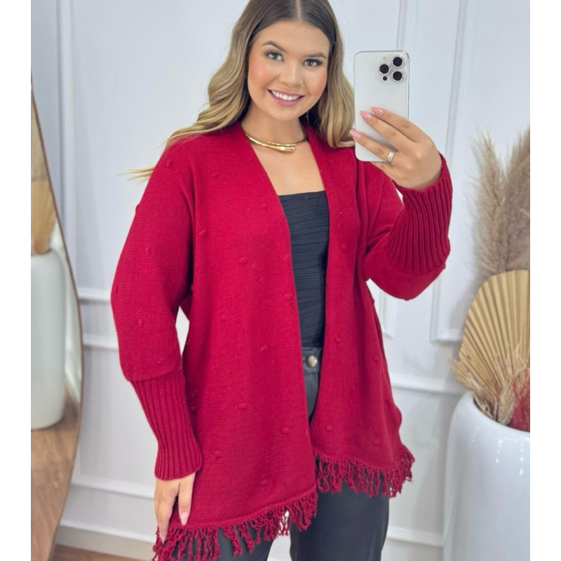 kimono bolinhas Tricot Feminino Inverno Moda  Elegante  com Franjas