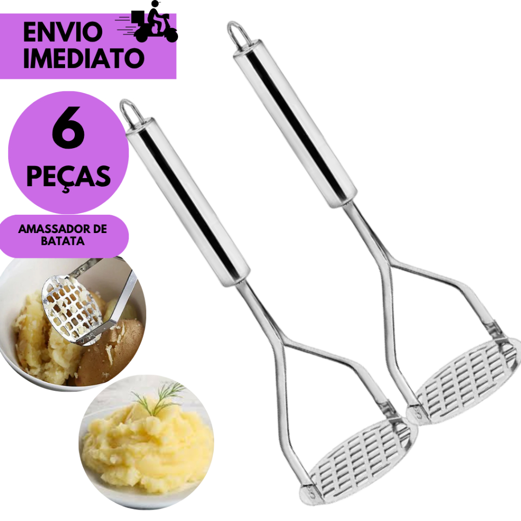 Kits 6/4 ou 2 Amassador de Batata Manual em Aço Inox Cozinha Prática e Funcional p/ Purê de Batata