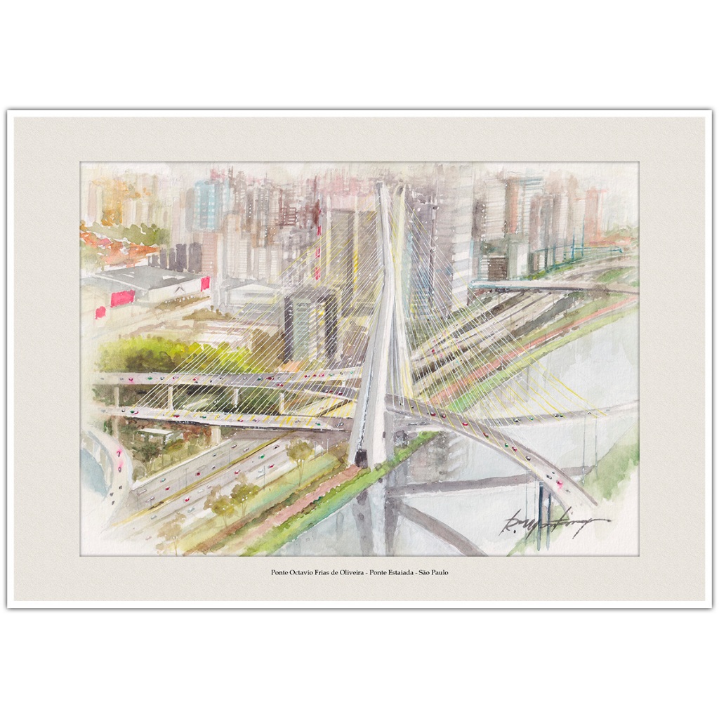 Ponte Estaiada - São Paulo | Arte em Aquarela para Quadro Decorativo | Decoração Elegante | A4
