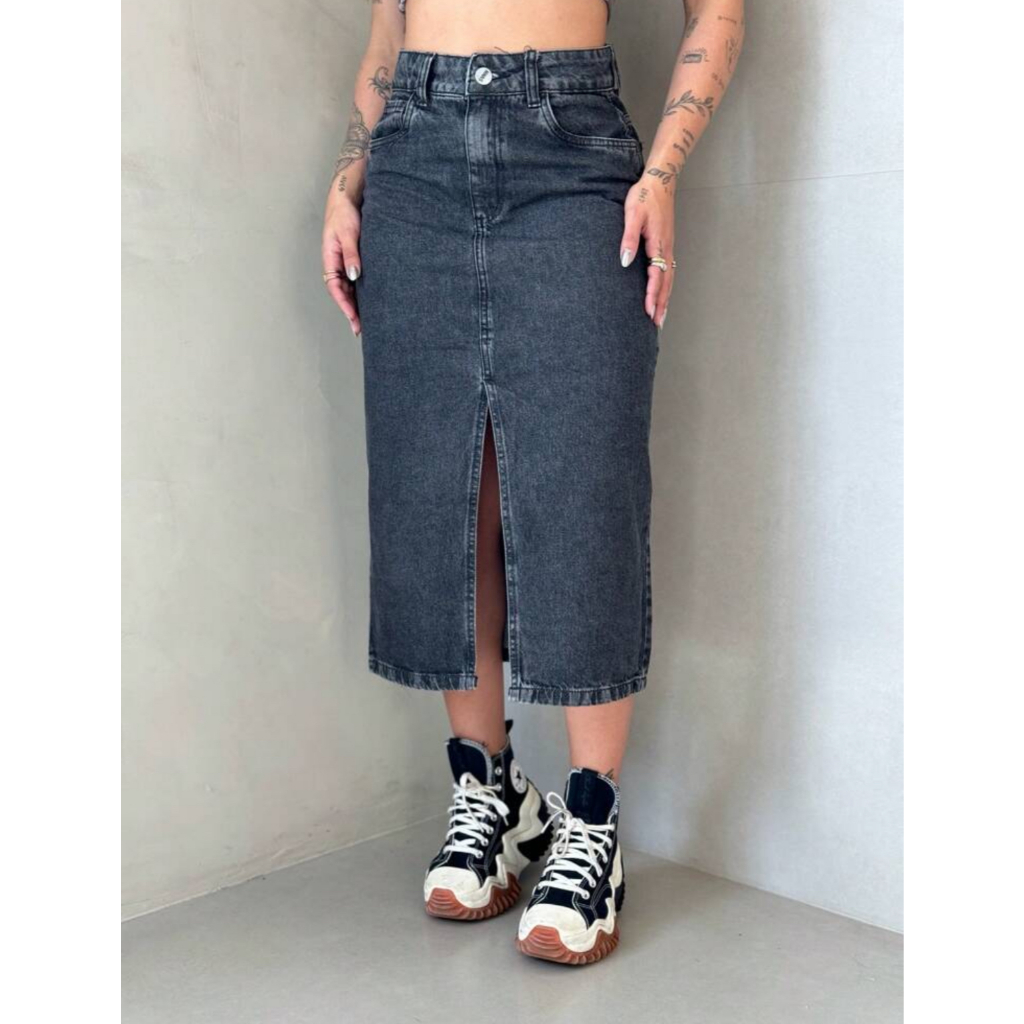 SAIA MIDI JEANS  LONGA COM FENDA CINTURA ALTA PREMIUM EMPINA BUMBUM em Oferta na Shopee