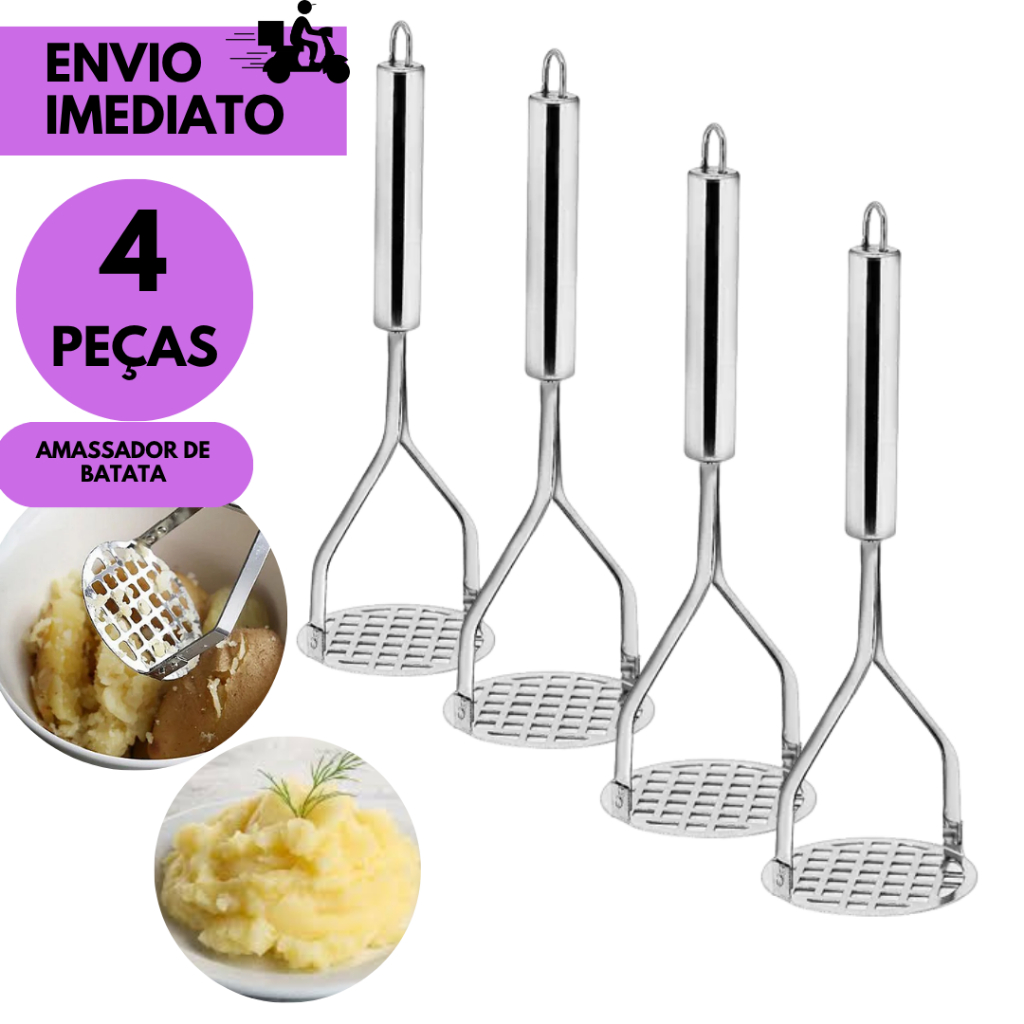 Kits 4 ou 2 Amassador de Batata Manual Aço Inox Cozinha Prática e Funcional p/ Purê de Batata Legume