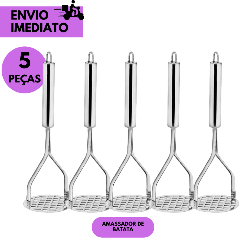 Kit 5 ou 2 Amassador de Batata Manual em Aço Inox Cozinha Prática e Funcional p/Purê de Batata Legum