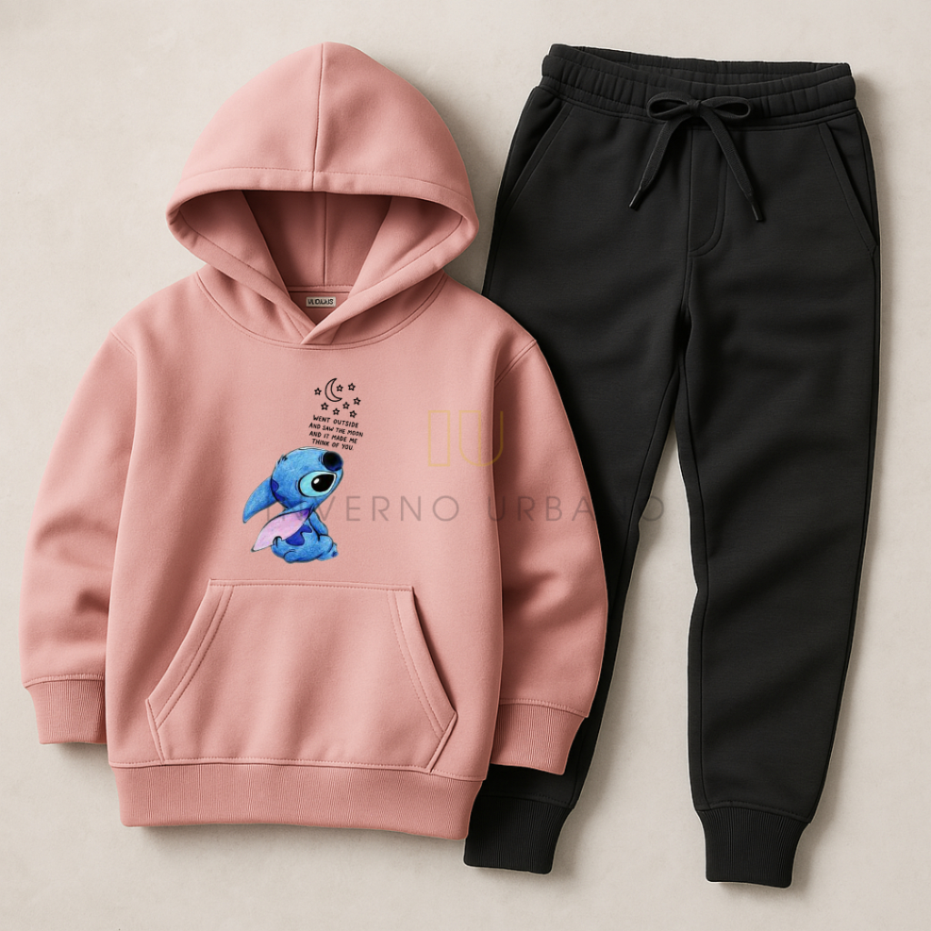 Conjunto Moletom Infantil Estampado Lillo Frases Blusa de Frio Canguru e Calça Feminino Flaneladas