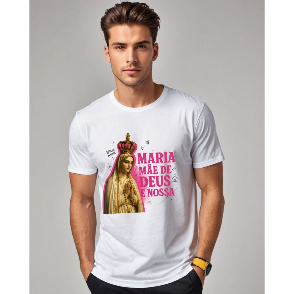 Camiseta Unissex Católica Nossa Senhora de Fátima Frase Maria Mae de Deus Blusa infantil adulto plus size
