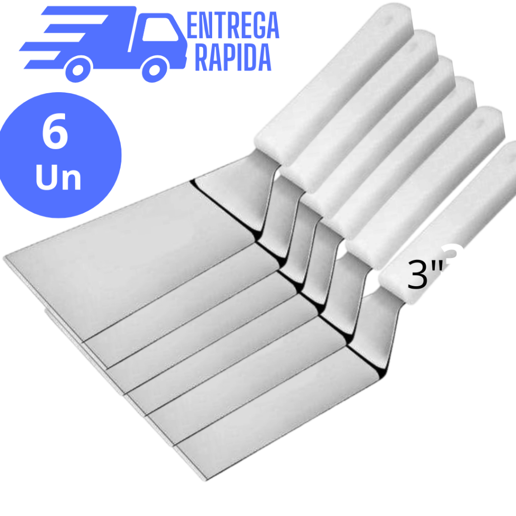 Imagem Kit 6 Espátula Chapeiro Profissional  Curva em Aço Inox 3 polegadas- Cozinha Burger Churrasco