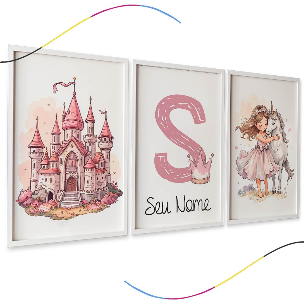 Quadros Decorativos Infantis, Castelo Rosa, Inicial com Coroa e Unicórnio, 3 Peças, Personalizável