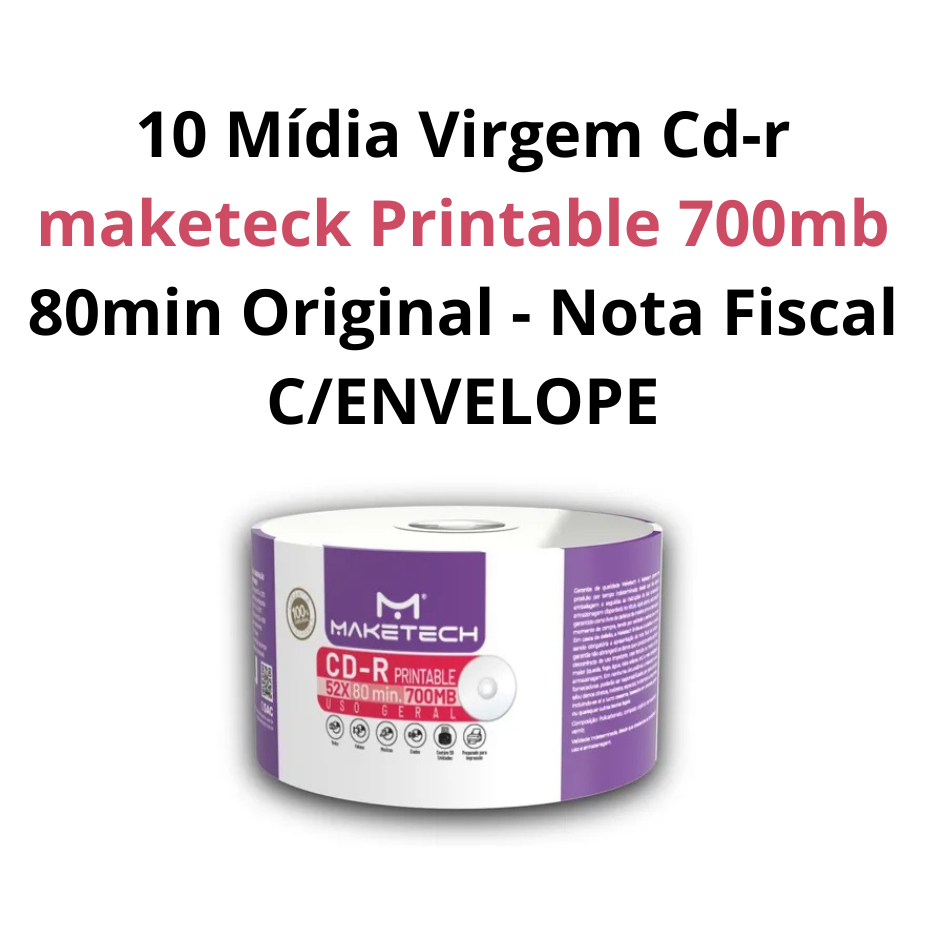 10 Mídia Virgem Cd-r maketeck Printable 700mb 80min Original - Nota Fiscal C/ENVELOPE