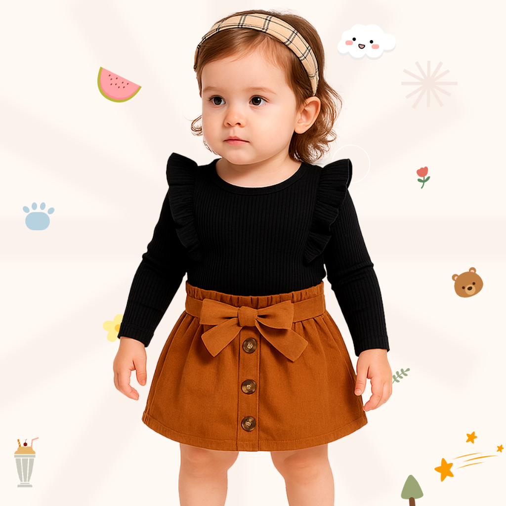 Conjunto Infantil Blusa manga Longa Princesa + Saia Menina Blogueirinha 3 peças Saia + Cinto + Blusa de Manga Bufante