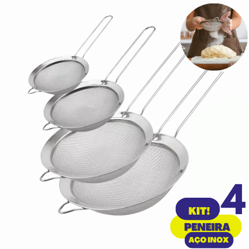 Kit 4 Peneira Coador em Aço Inox Multifuncional Para Alimentos Frutas Farinha uso Cozinha em Oferta na Shopee