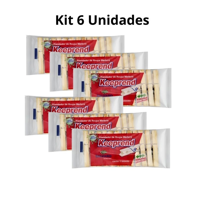 Kit 6 Prendedor de Roupas de Madeira keeprend Embalagem 12un