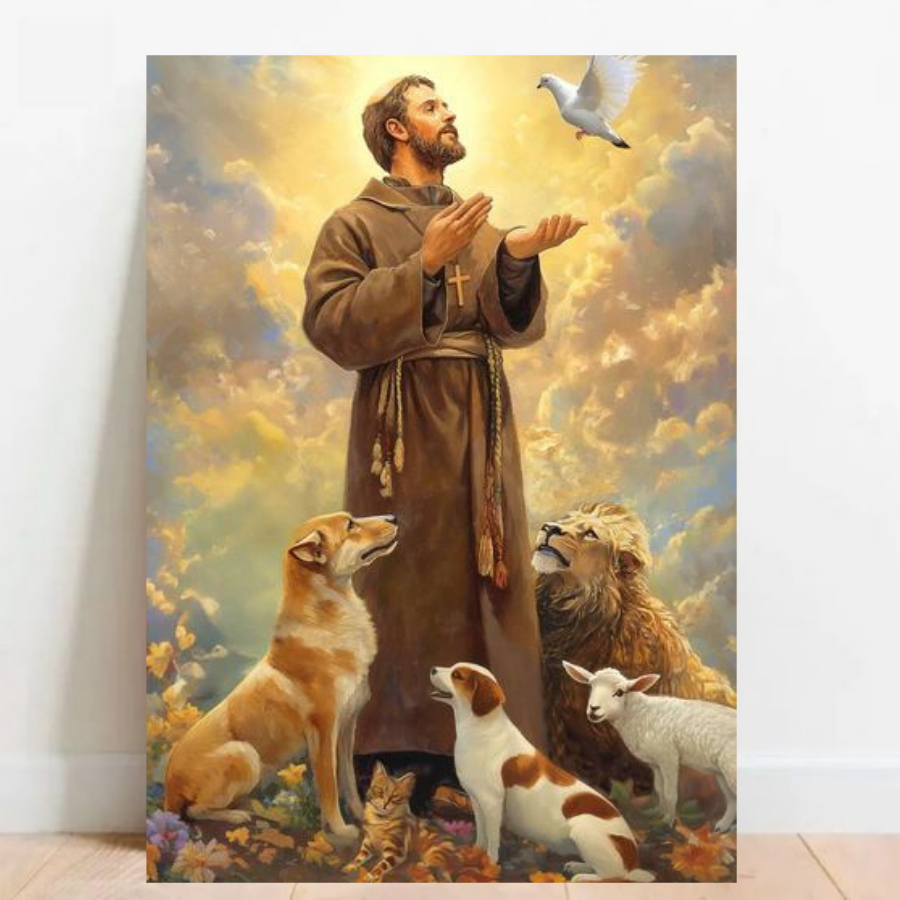 Quadro Placa decorativo São Francisco de Assis Cachorro gato pássaro 020
