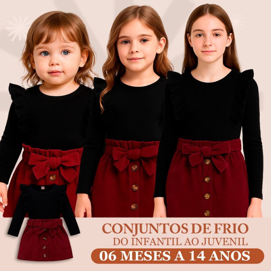 Roupa de Menina 1 ao 14  Para bebê e Juvenil  Moda Blogueira de Inverno Luxo Conjuntos Laço e Babado