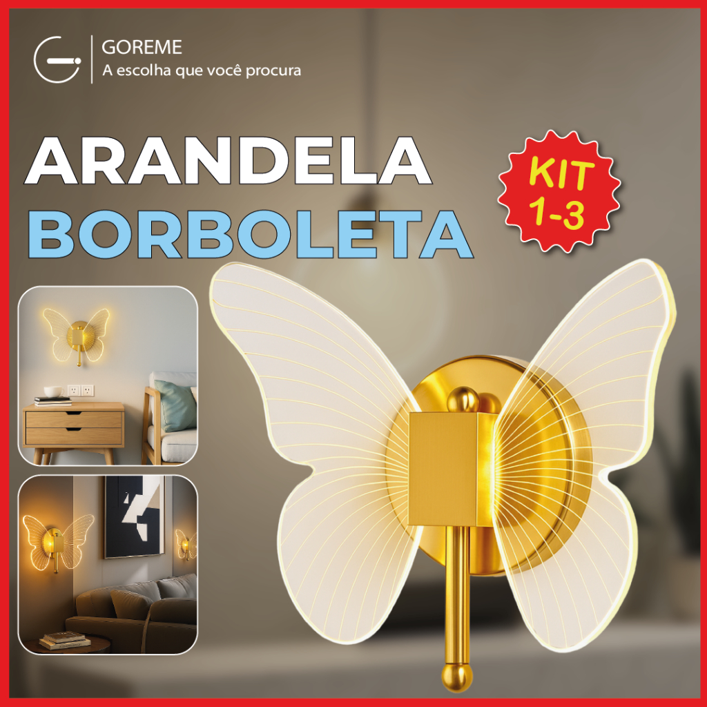 Luminária Arandela Borboleta Dourada LED de Parede 3 Tons de Luz iluminação interna Bivolt em Oferta na Shopee