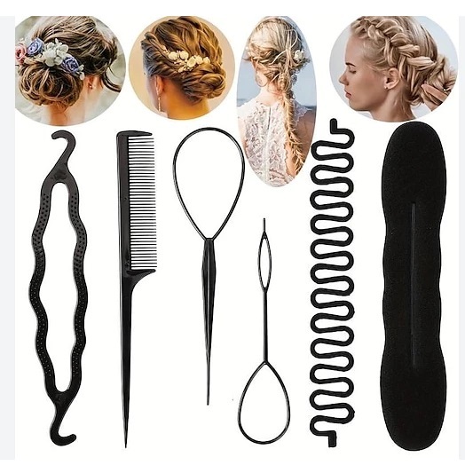 Este conjunto inclui diversos acessórios para criar vários penteados, como coques, tranças e presilhas mágicas.