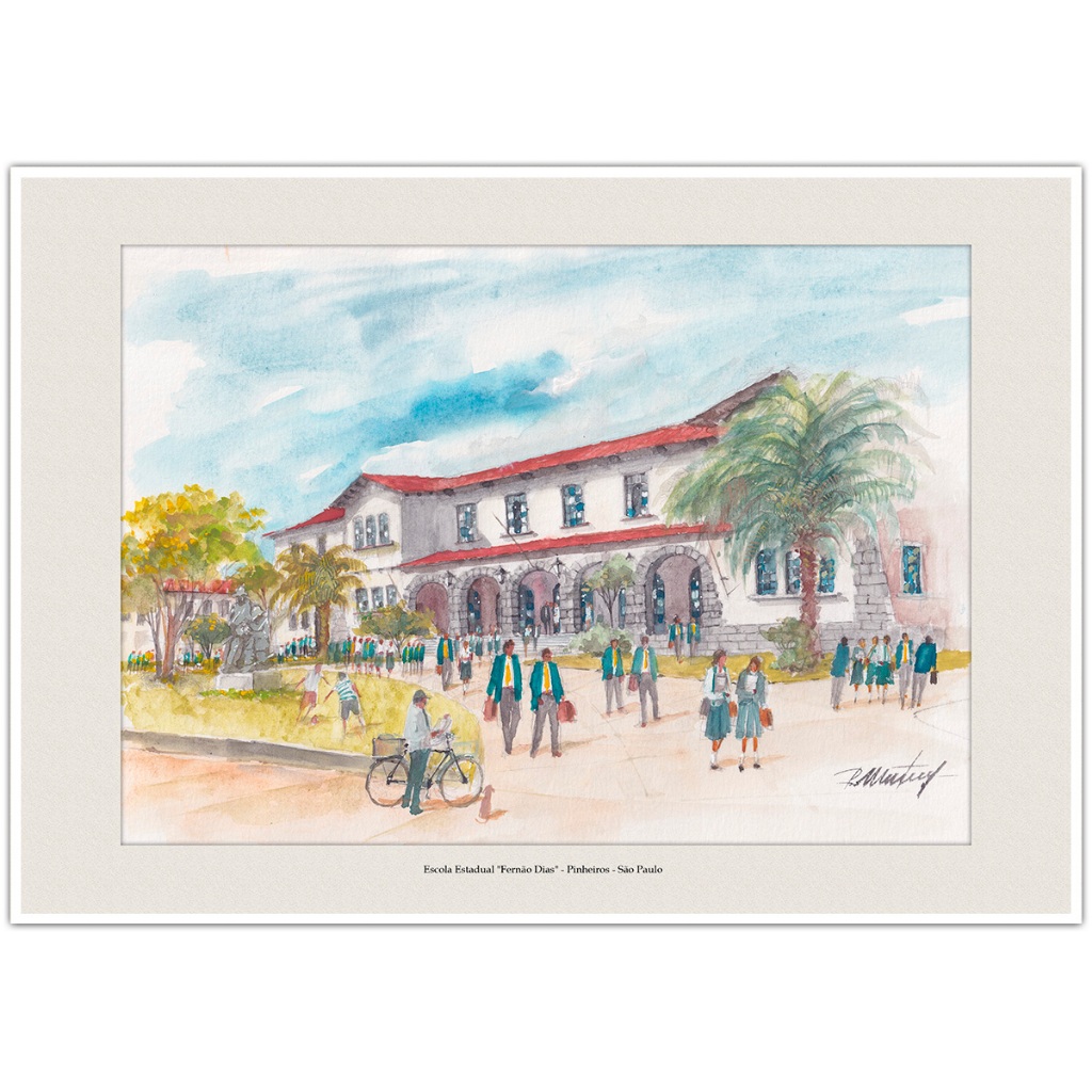 Escola Estadual Fernão Dias - Pinheiros - São Paulo | Arte em Aquarela para Quadro Decorativo | A4
